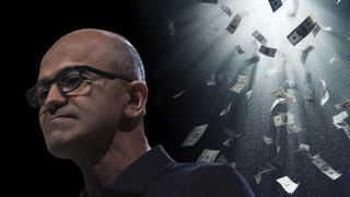 Satya Nadella looking sad with raining money