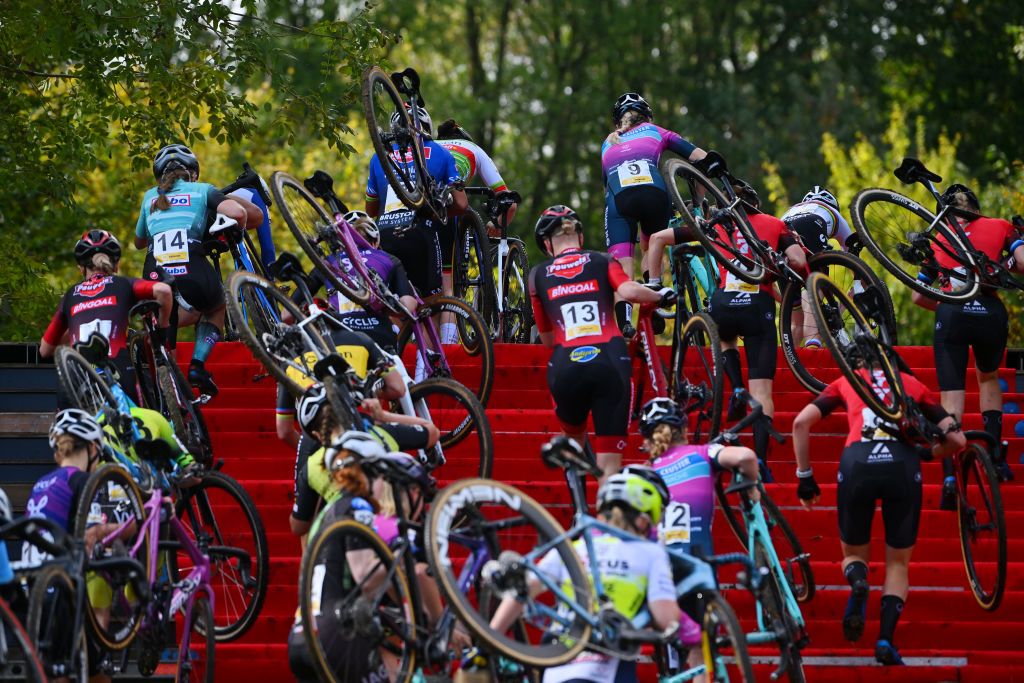 OVERIJSE BELGIUM OCTOBER 22 A general view of Francesca Baroni of Italy and Team Pissei Group TOM Leonie Bentveld of The Netherlands and Team Pauwels Sauzen Bingoal Laura Verdonschot of Belgium and Team De Ceuster Bonache compete during the 63rd UCI Cyclocross World Cup Druivencross Overijse 2023 Womens Elite a on October 22 2023 in Overijse Belgium Photo by Luc ClaessenGetty Images