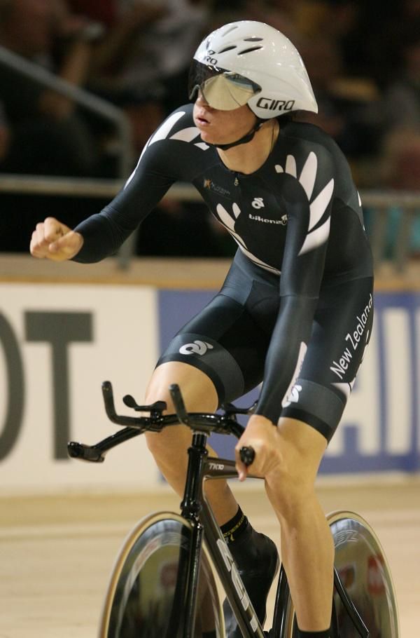 Jesse Sergent (New Zealand) celebrates going fastest in the men's 4,000m individual pursuit