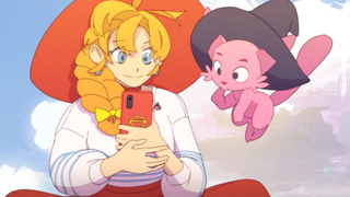 Screenshot of The Witch's Bakery Kickstart trailer, showing a young blonde witch and a pink cat staring down at a phone.