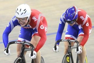 Great Britain's Victoria Williamson, left, and Rebecca James in action during team sprint qualifying.