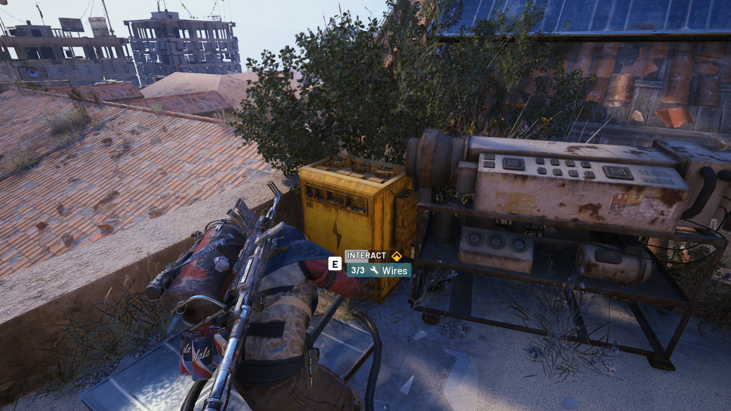 Arc Raiders Eyes of the Prize: A player interacting with a yellow electrical box on a rooftop in Buried City.