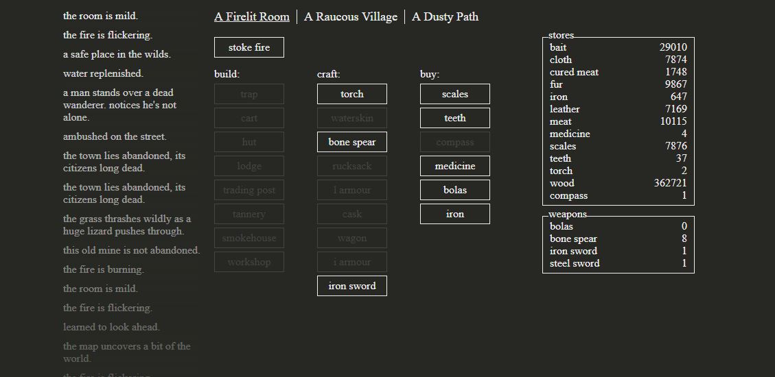A Dark Room - a variety of text boxes describing options