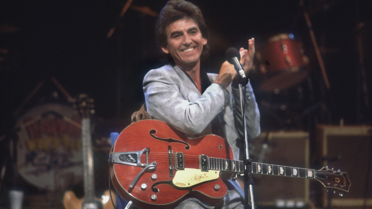 Former Beatle George Harrison (1943 - 2001) records 'Let it Be' for Ferry Aid, 1987
