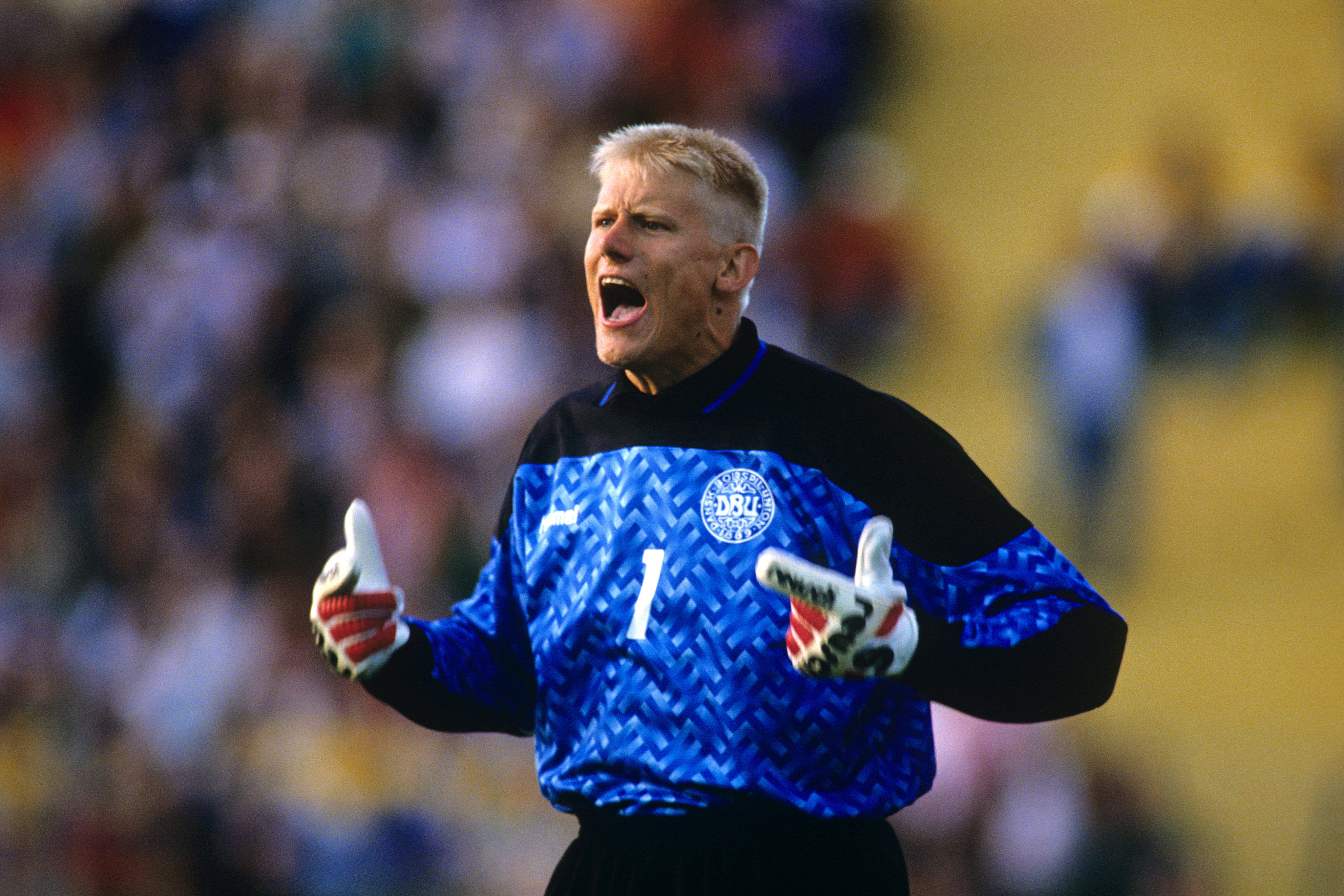 Goalkeeper Peter Schmeichel shouts and gestures while playing for Denmark in the semi-finals of Euro 92