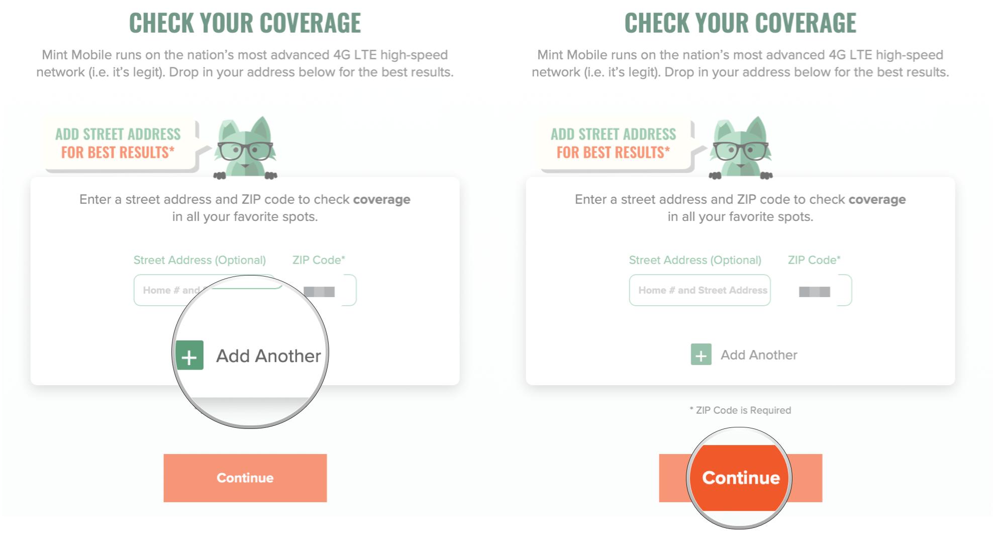 Get your SIM card through Mint Mobile by showing: Input an address and click Add Another if you want to check multiple, then click Continue