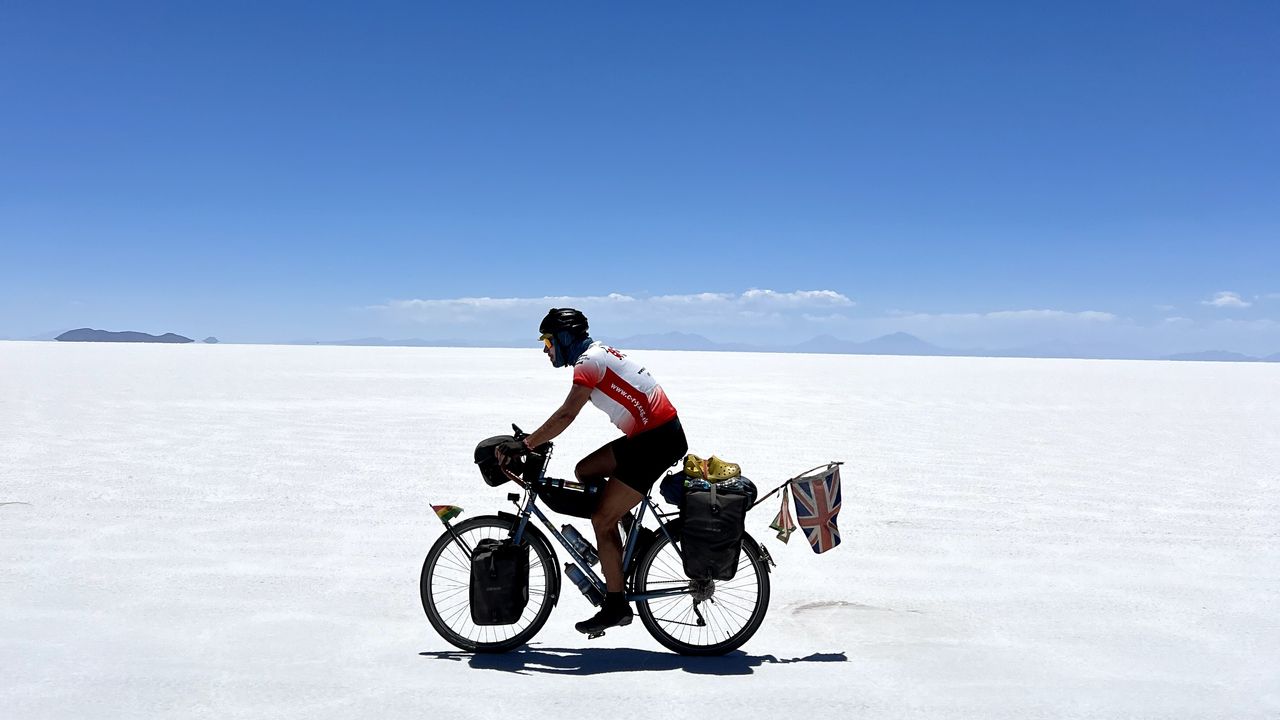 Image shows James Benson-King crossing salt flats