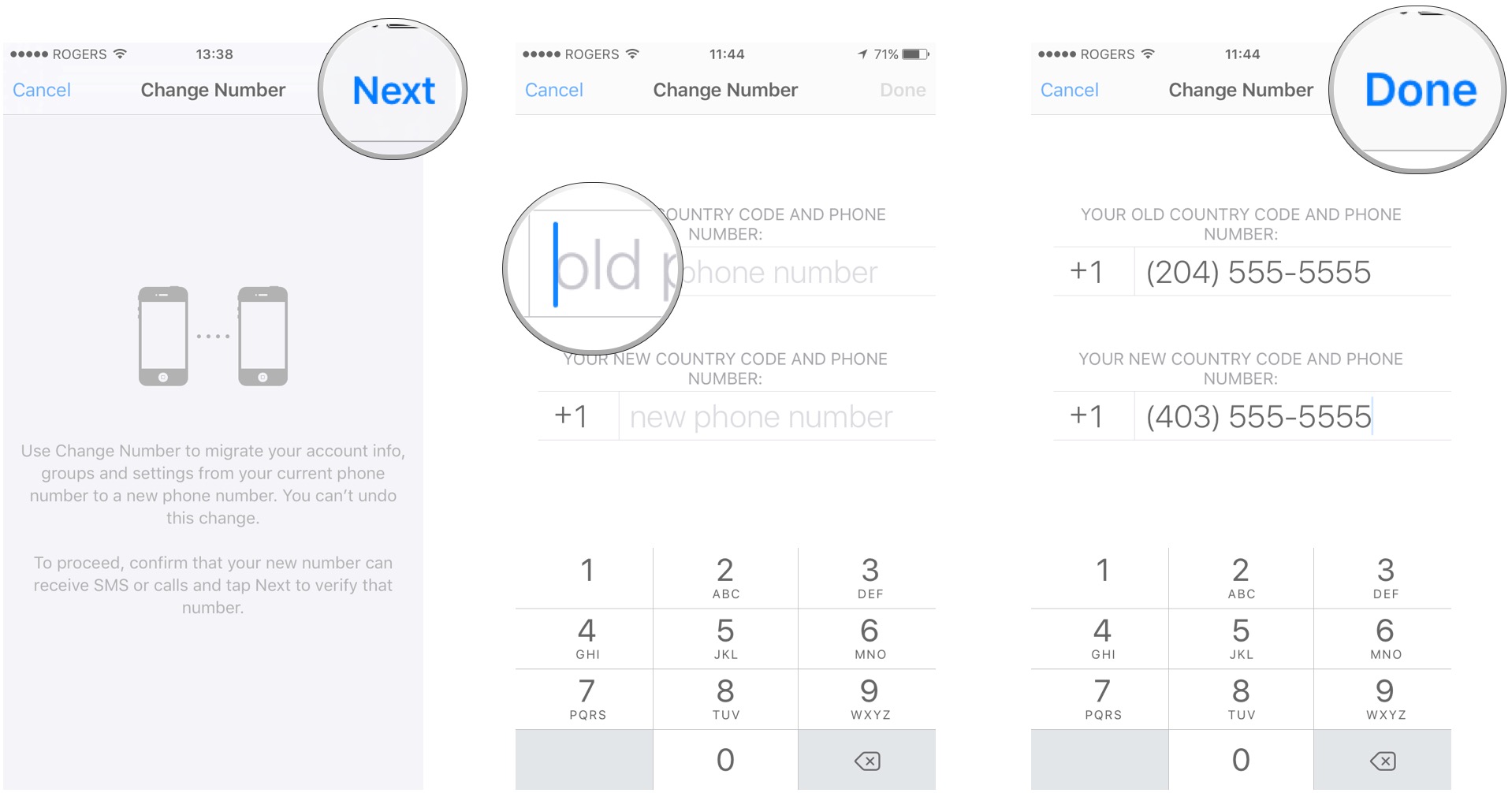 Tap next, enter old and new phone numbers, tap done