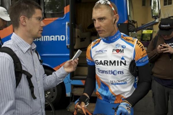 A Garmin-Transitions rider is interviewed before the start.