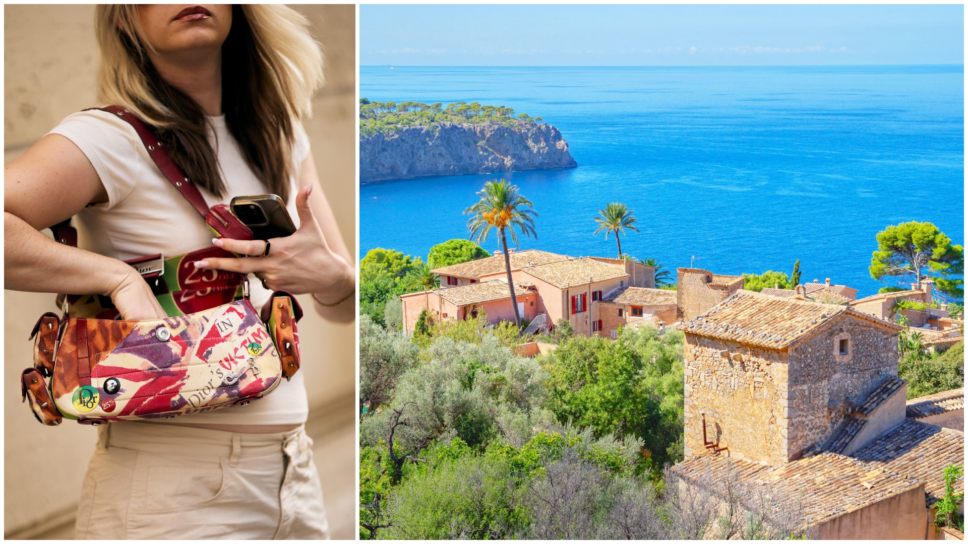 a split image of a woman looking through her purse and a villa in a mountain in mallorca