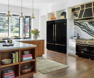 kitchen with walnut cabinets and black appliances