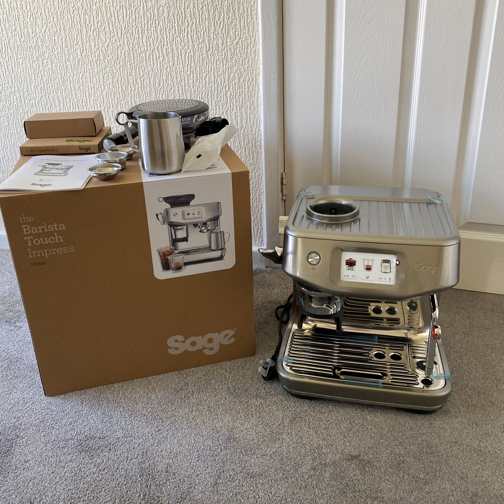 Sage Barista Touch Impress with Cold Extraction next to box