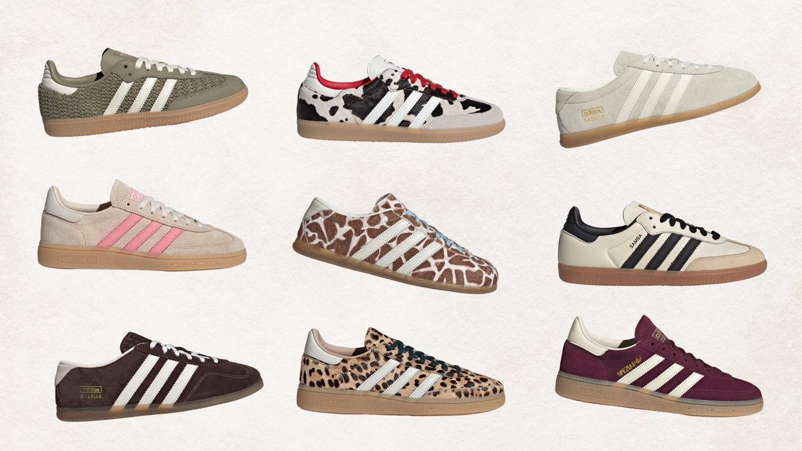 Composite image of different versions of adidas Samba, Gazelle and Handball Spezial shoes