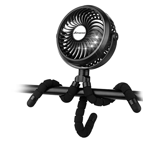 Amacool Battery Operated Stroller Fan Flexible Tripod Clip on Fan With 3 Speeds and Rotatable Handheld Personal Fans for Car Seat Crib Bike Treadmill (black)