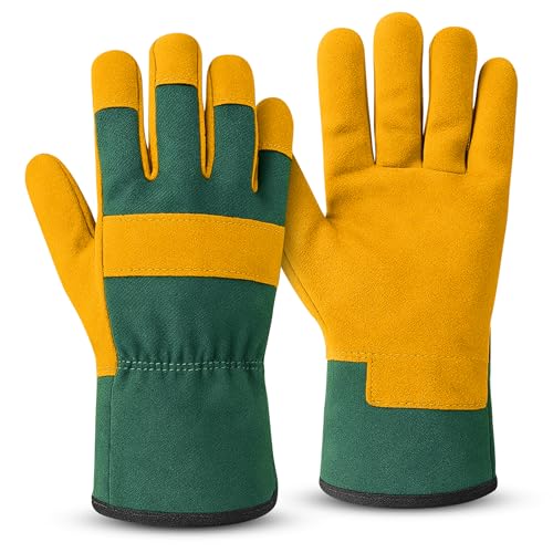 Keplin Gardening Gloves Pair for Men &amp;amp; Women &amp;ndash; Premium Cowhide Leather and Fabric, Thorn &amp;amp; Puncture Resistant, Breathable &amp;amp; Durable Work Gloves for Gardening, Farming &amp;amp; Diy &amp;ndash; Medium 25cm, Yellow&amp;amp;green