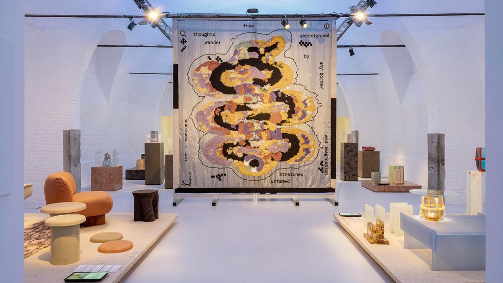 lilac and pastel textiles, lights and chairs 