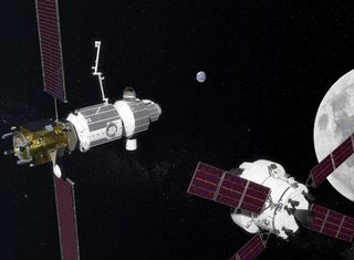 A NASA Orion craft brings a crew to the Deep Space Gateway in lunar orbit (artist's impression)