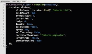 Slider behaviour JavaScript file: triggers a plug-in with some options. One day I might release the slider plug-in – I use it on nearly every site I build