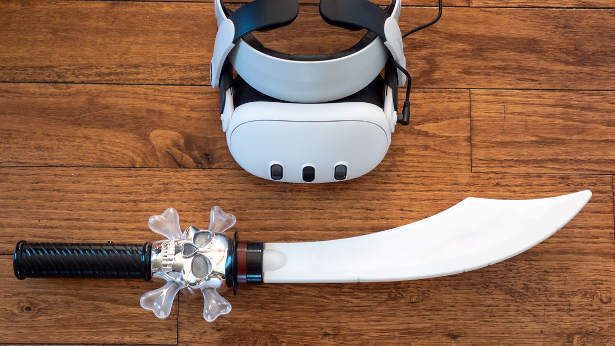 A Meta Quest 3 headset with a pirate sword