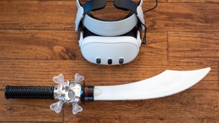 A Meta Quest 3 headset with a pirate sword