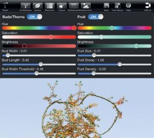 Drop-down menus reveal slider controls for many aspects of your tree, from tropism to the colour of fruit