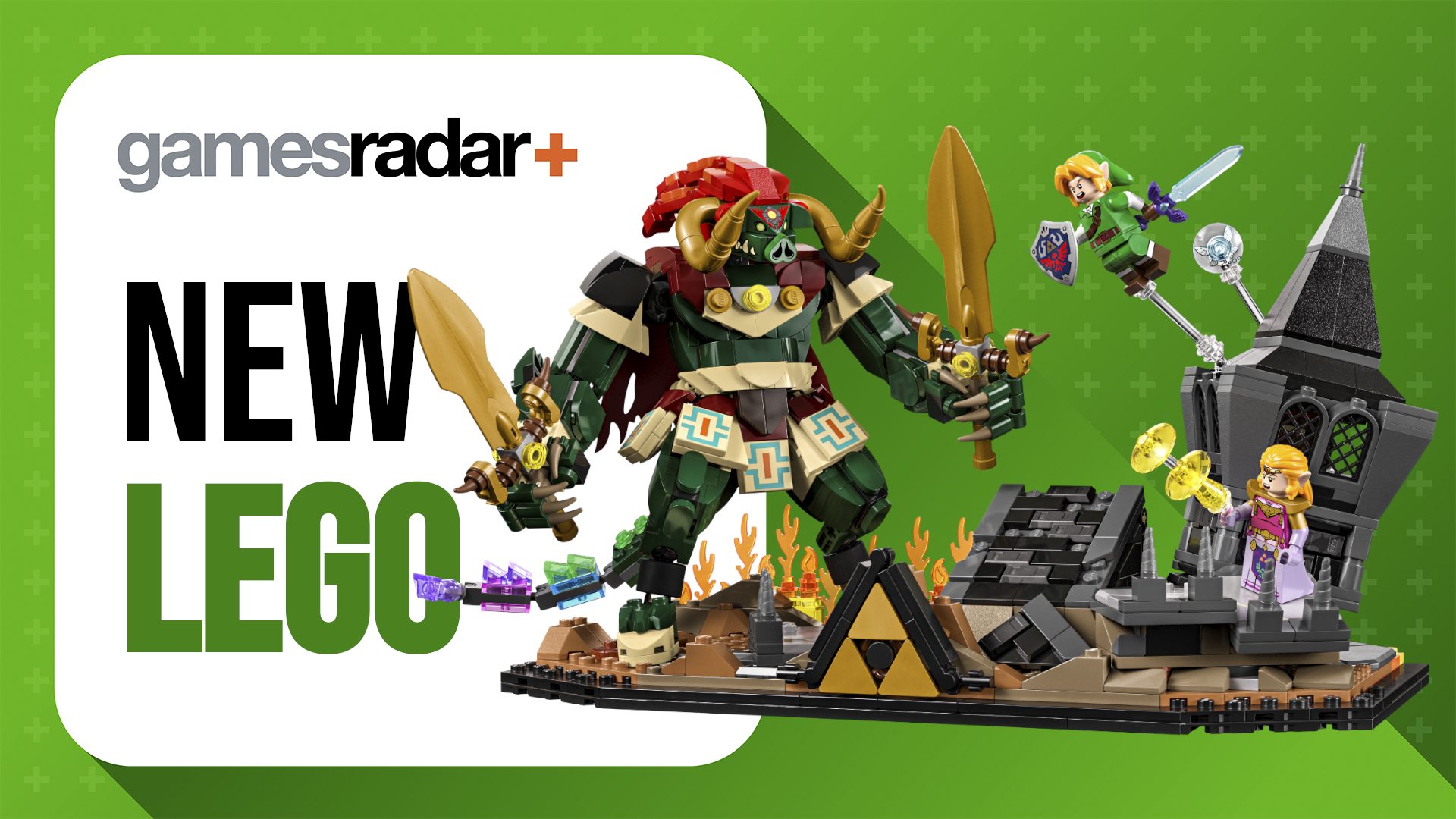 GamesRadar+ logo beside the words 'New Lego' and the Ocarina of Time Final Battle set against a green background
