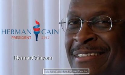 GOP presidential candidate Herman Cain smiles at the end of his latest campaign video, which also features his cigarette-smoking chief of staff and an 80s-esque theme song.