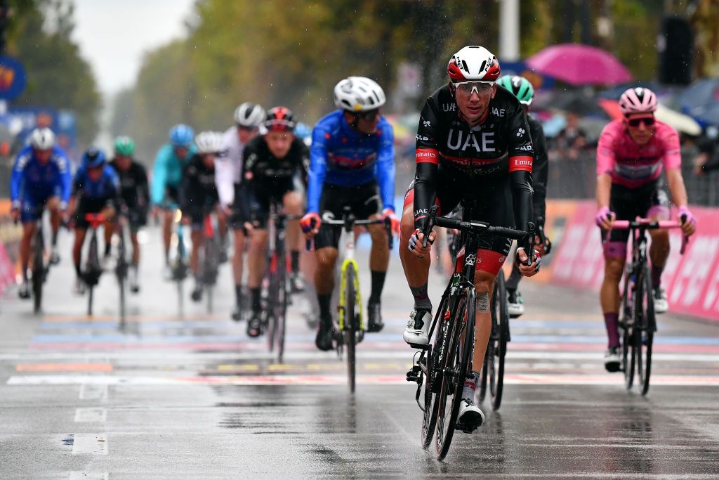 CESENATICO ITALY OCTOBER 15 Arrival Brandon Mcnulty of The United States and UAE Team Emirates during the 103rd Giro dItalia 2020 Stage Twelve a 204km stage from Cesenatico to Cesenatico girodiitalia Giro on October 15 2020 in Cesenatico Italy Photo by Stuart FranklinGetty Images