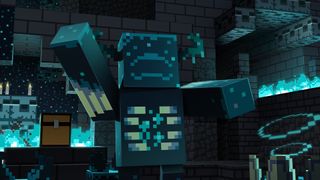 Minecraft Warden - duży niebieski wróg podnosi ręce w powietrzu w głębokim ciemnym biomie