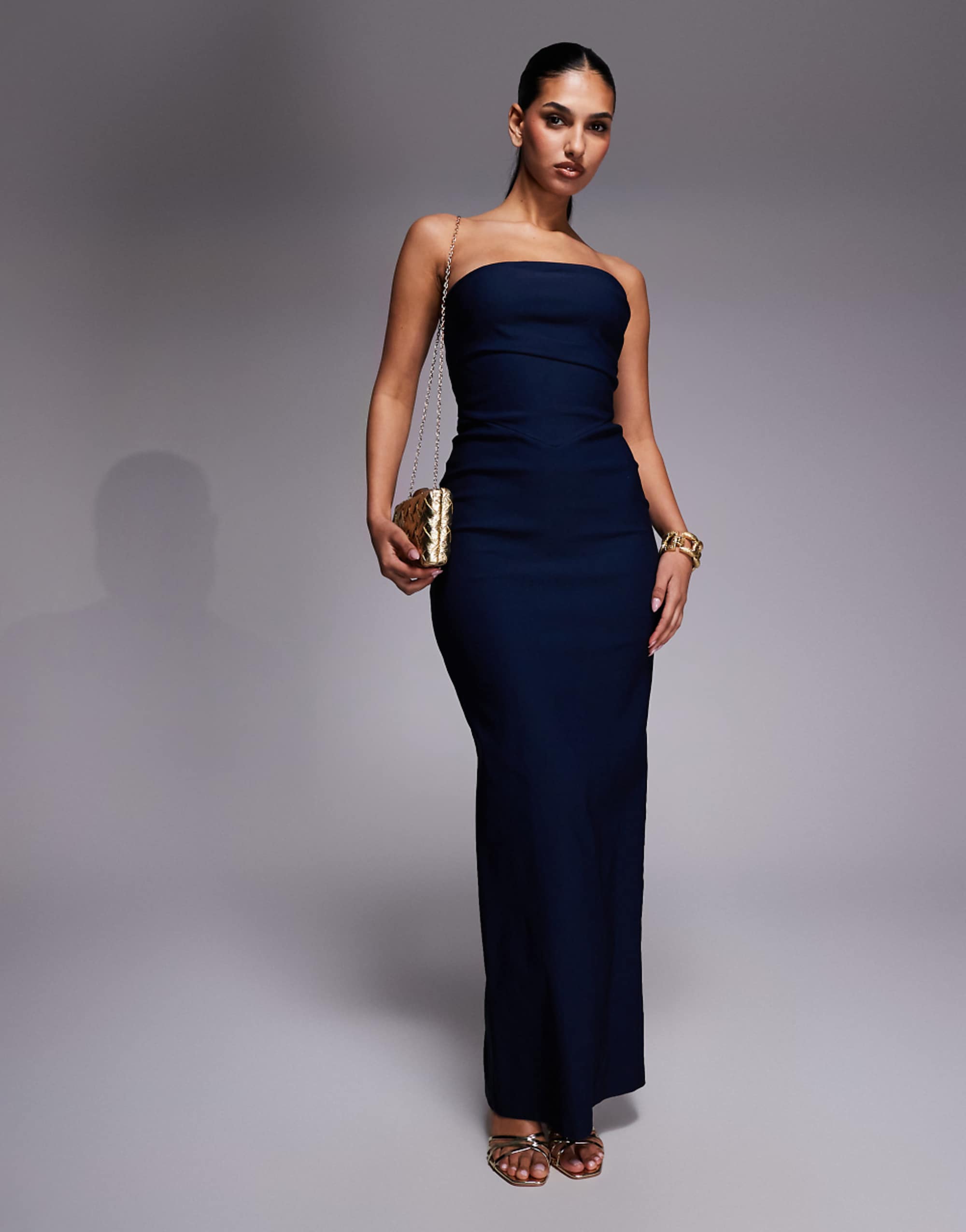 Vesper Bengaline Drape Waist Bandeau Maxi Dress in Navy