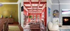 Should your ceiling match your wall color? Yellow dining room, large red and pink living room, white living room.