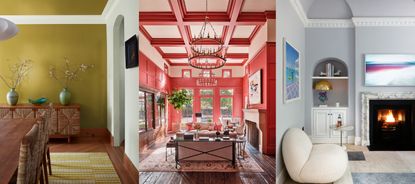 Should your ceiling match your wall color? Yellow dining room, large red and pink living room, white living room.