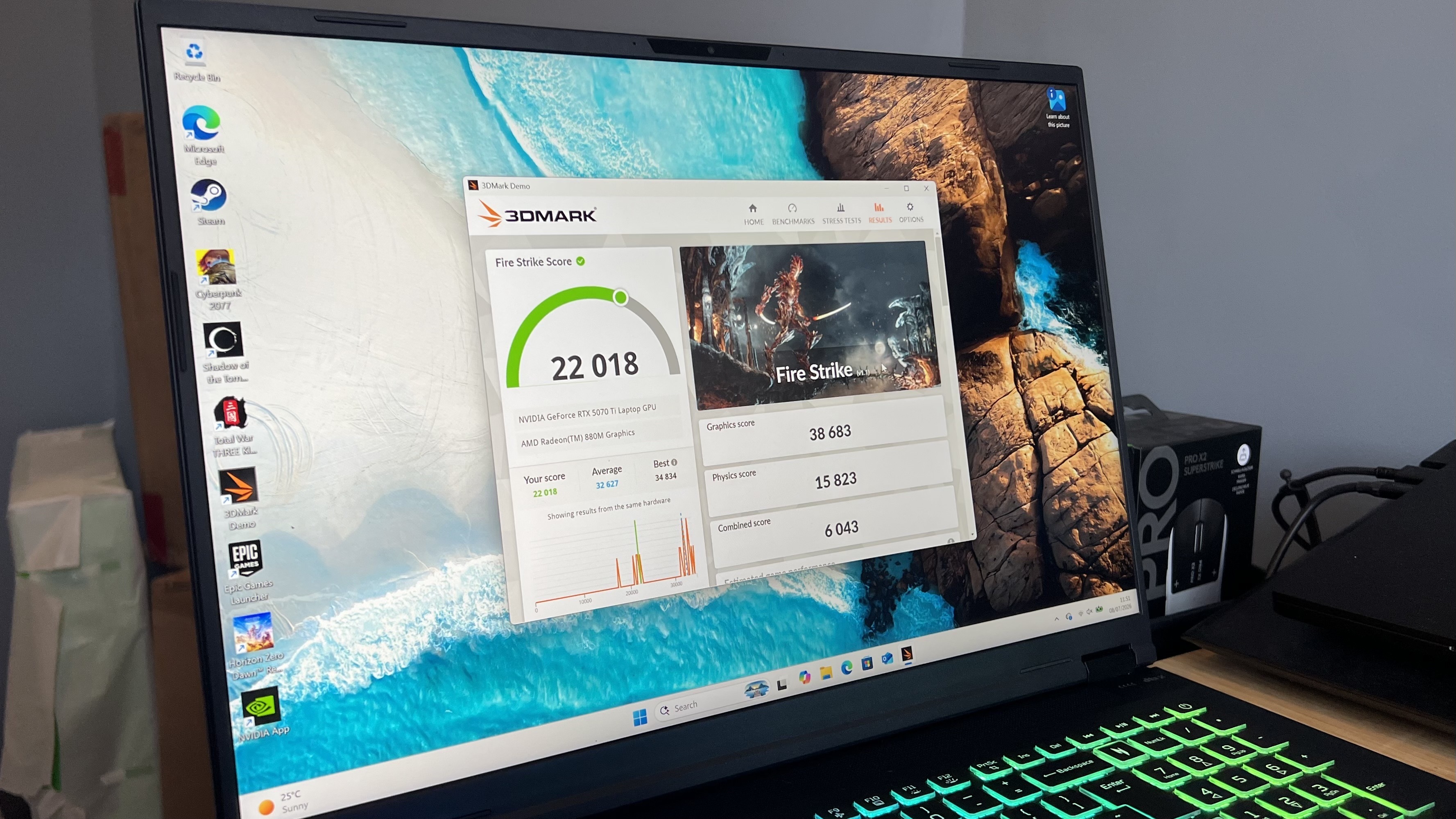 Acer Nitro 18 AI gaming laptop with 3D Mark Fire Strike benchmark results on the screen