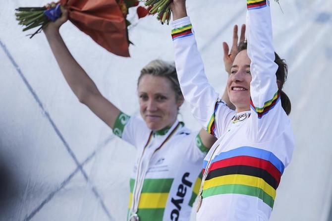 Marianne Vos (Netherlands) on the podium after the Women's road race.
