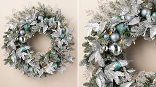 frosted silver best christmas wreath with lights and baubles