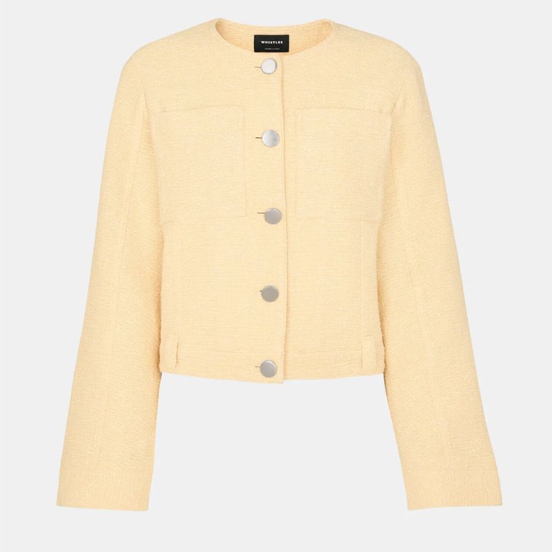 yellow boxy jacket silver buttons