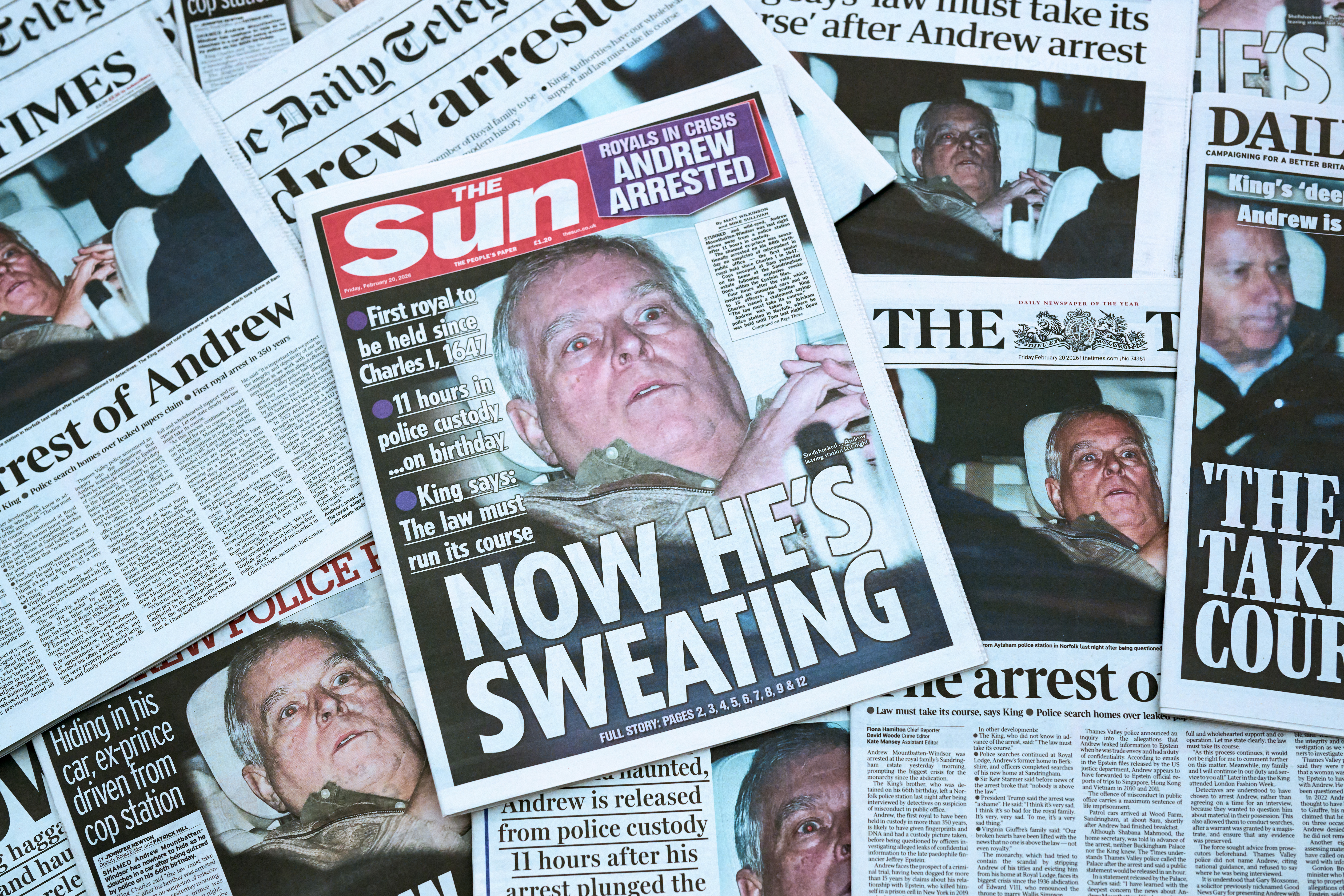 Newspapers with headlines about Prince Andrew's arrest