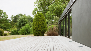 Decking outside a building with lawn and trees in background