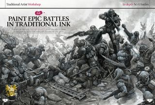 Double-page spread of a traditional workshop from ImagineFX 247 with the heading 'Paint Epic Battles in Traditional Ink'.