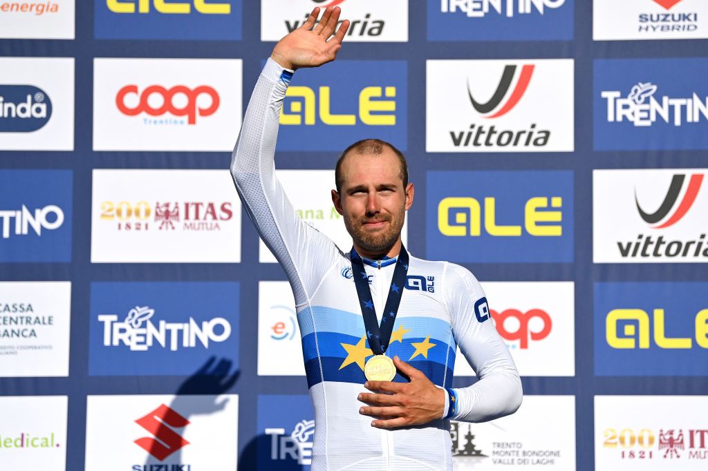 TRENTO ITALY SEPTEMBER 12 Sonny Colbrelli of Italy poses with the gold medal after the 27th UEC Road Cycling European Championships 2021 Elite Mens Road Race a 1792km race from TrentoPiazza Duomo to TrentoPiazza Duomo UECcycling on September 12 2021 in Trento Italy Photo by Justin SetterfieldGetty Images