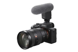 The A7R IV (pictured) can mount the ECM-B1M Shotgun Microphone to record digital audio. No cables or batteries required