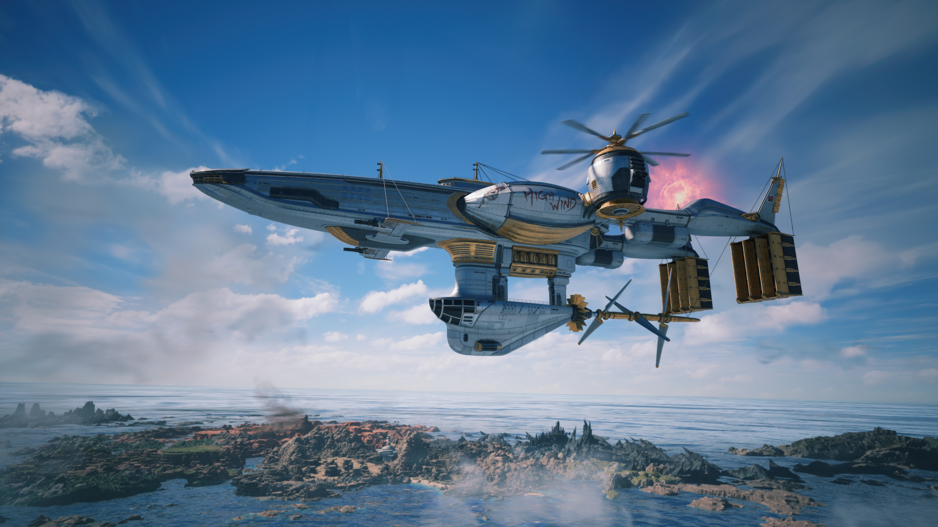 The Highwind Airship flying through the sky in Final Fantasy 7 Revelation