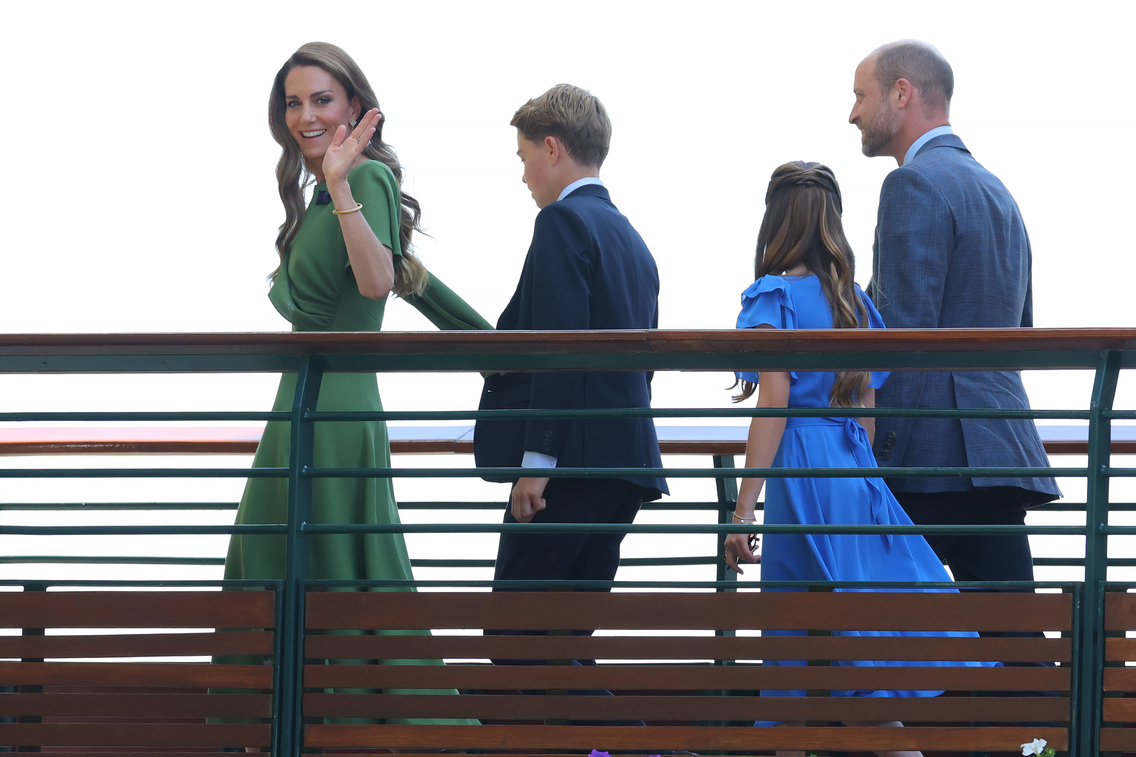 Kate Middleton arrives at Wimbledon 2026 wearing a green dress accompanied by Princess Charlotte and Prince George