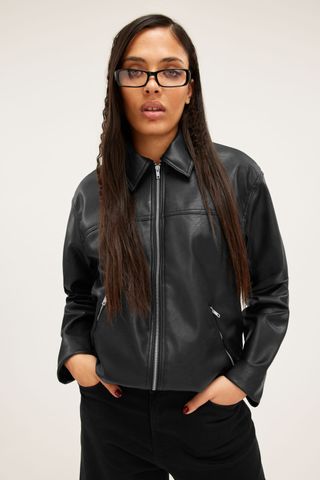 Faux-leather zip-up biker jacket