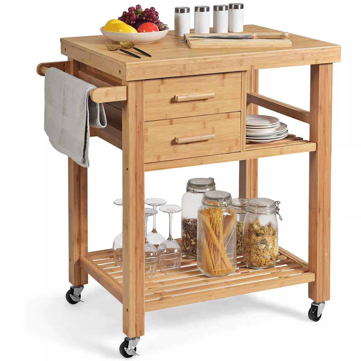 Costway Bamboo Kitchen Trolley Cart Wood Rolling Island W/ Tower Rack U0026 Drawers