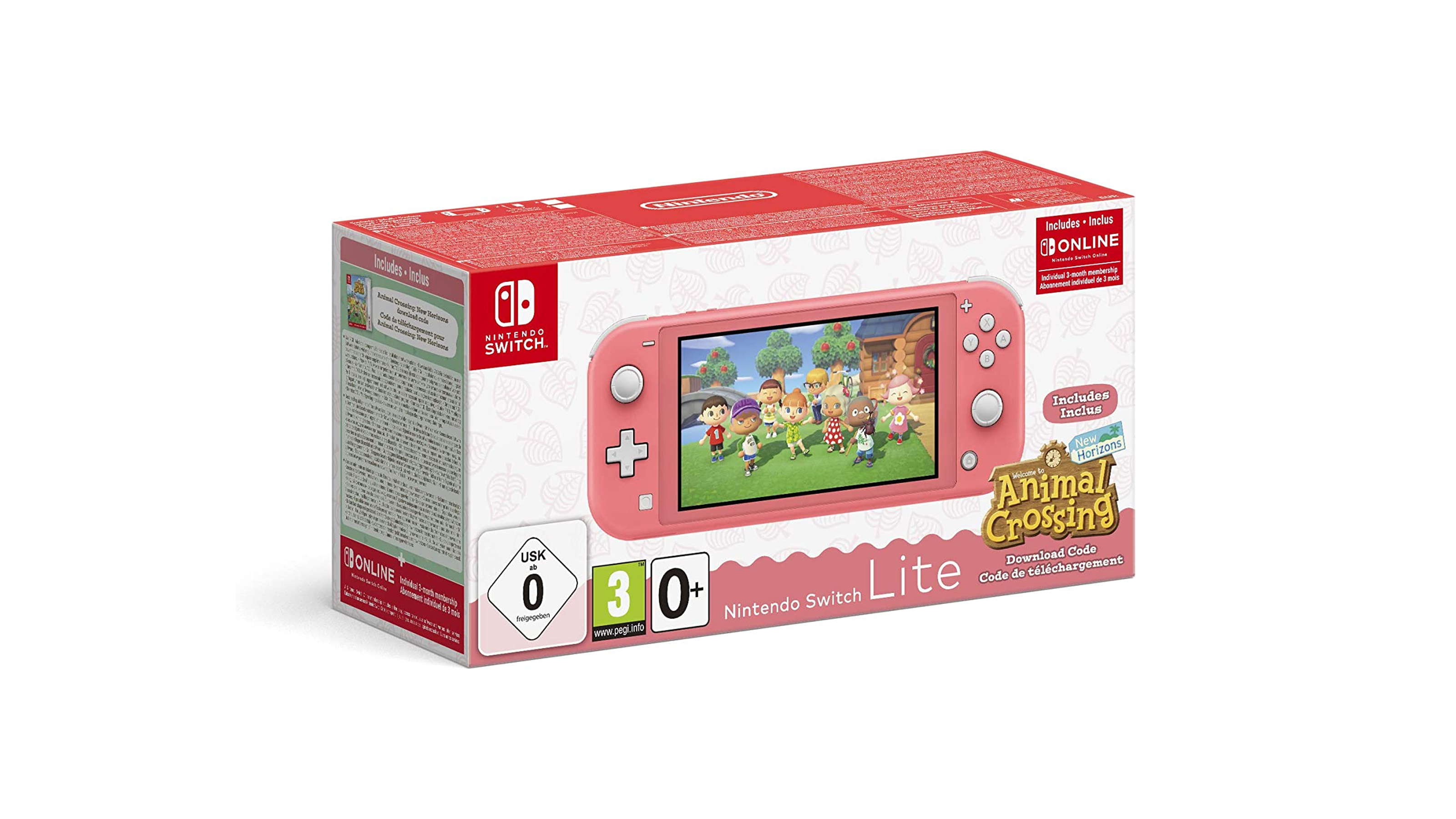 A product shot of the coral Nintendo Switch in an Animal Crossing box