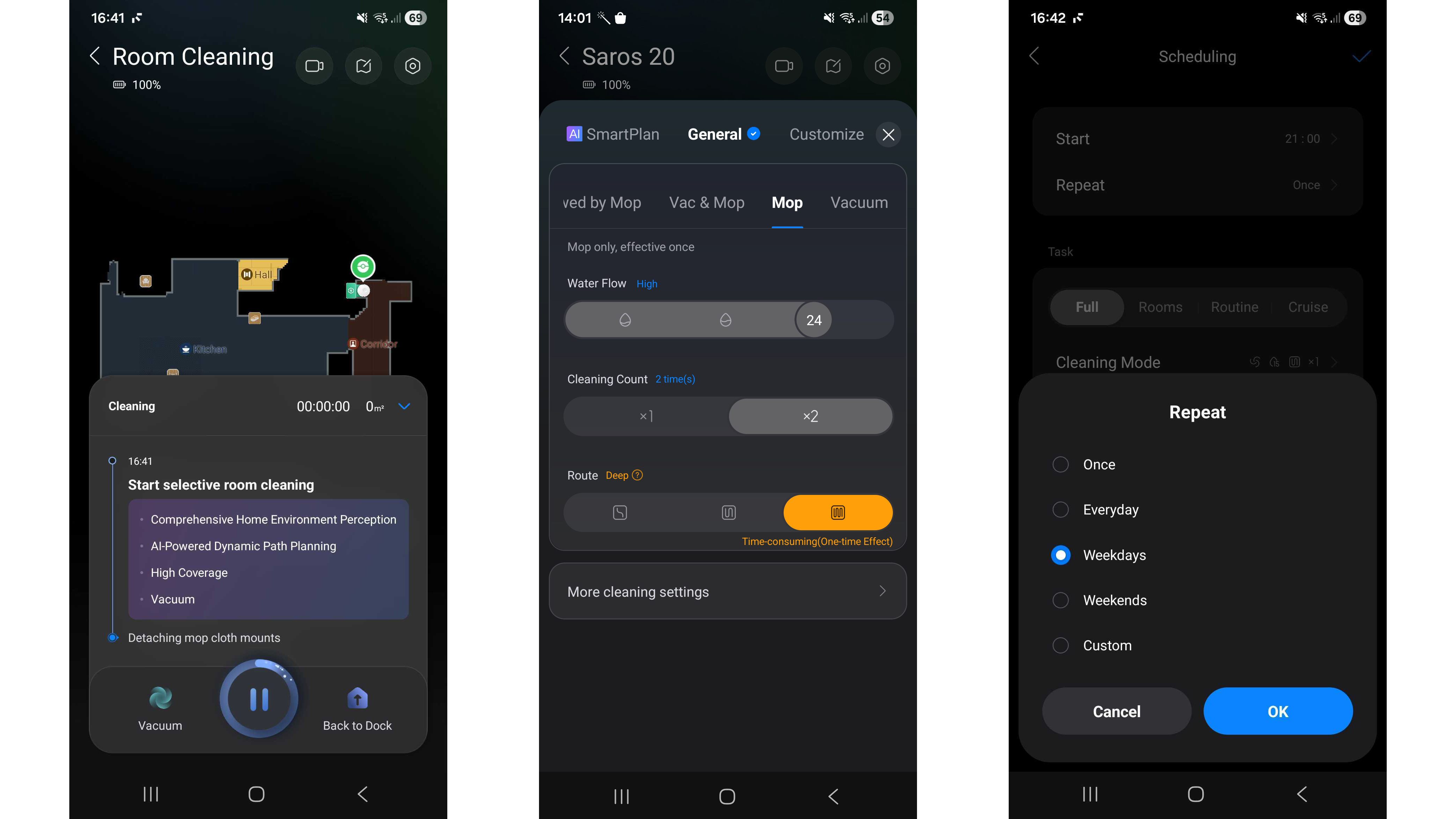 Screenshots from the Roborock app
