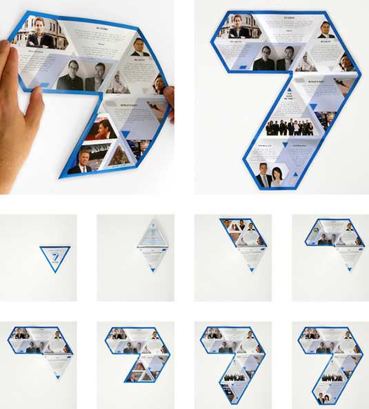 Designed by Thomas Pavitte to promote television shows on the TVNZ 7 network, this innovative triangular brochure unfolds to form the shape of the company's logo