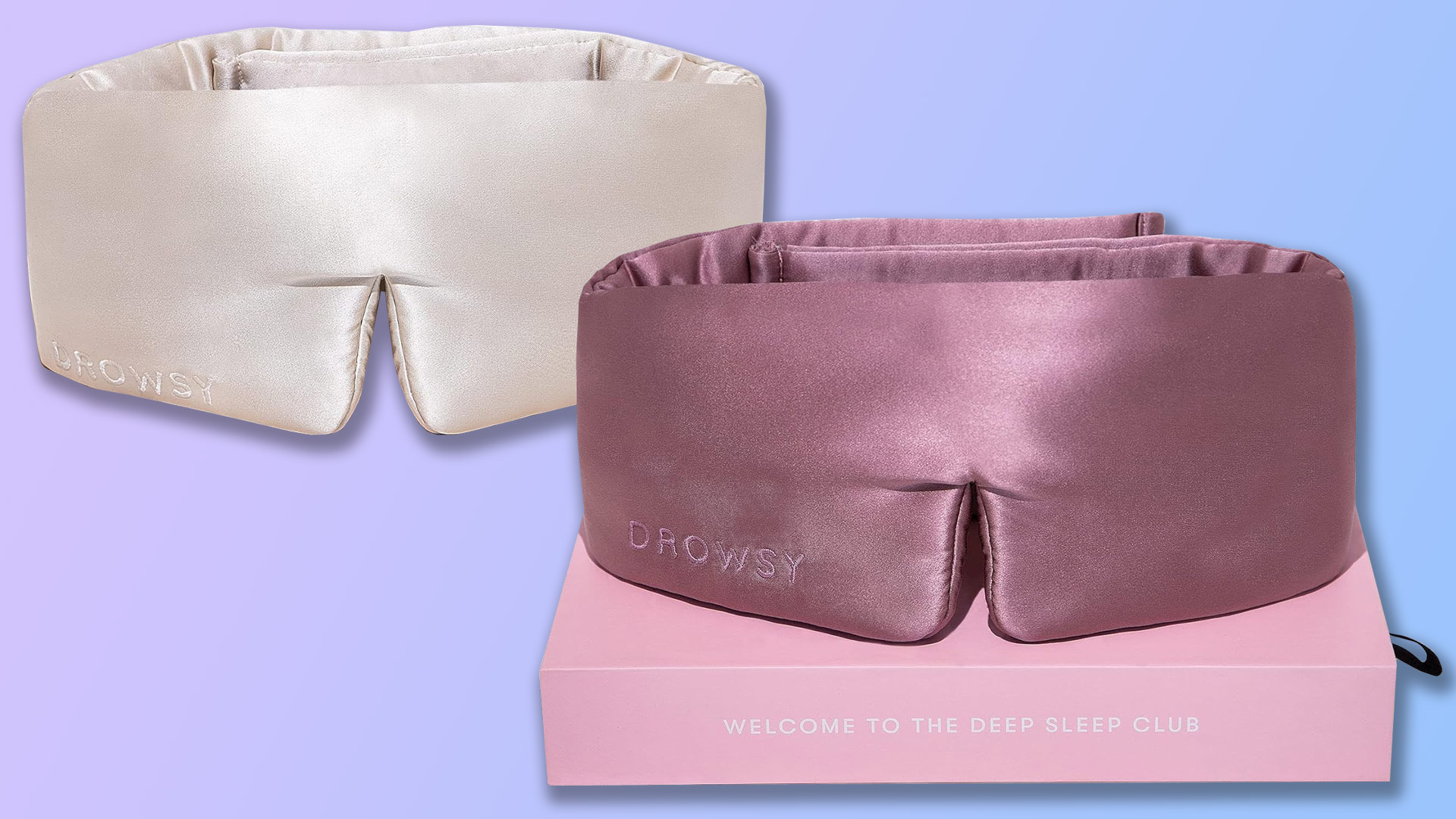 Against a purple and pink background, an image of the DROWSY Silk Sleep Mask in Dusty Gold (left) and a DROWSY Silk Sleep Mask in Damask Rose (right).