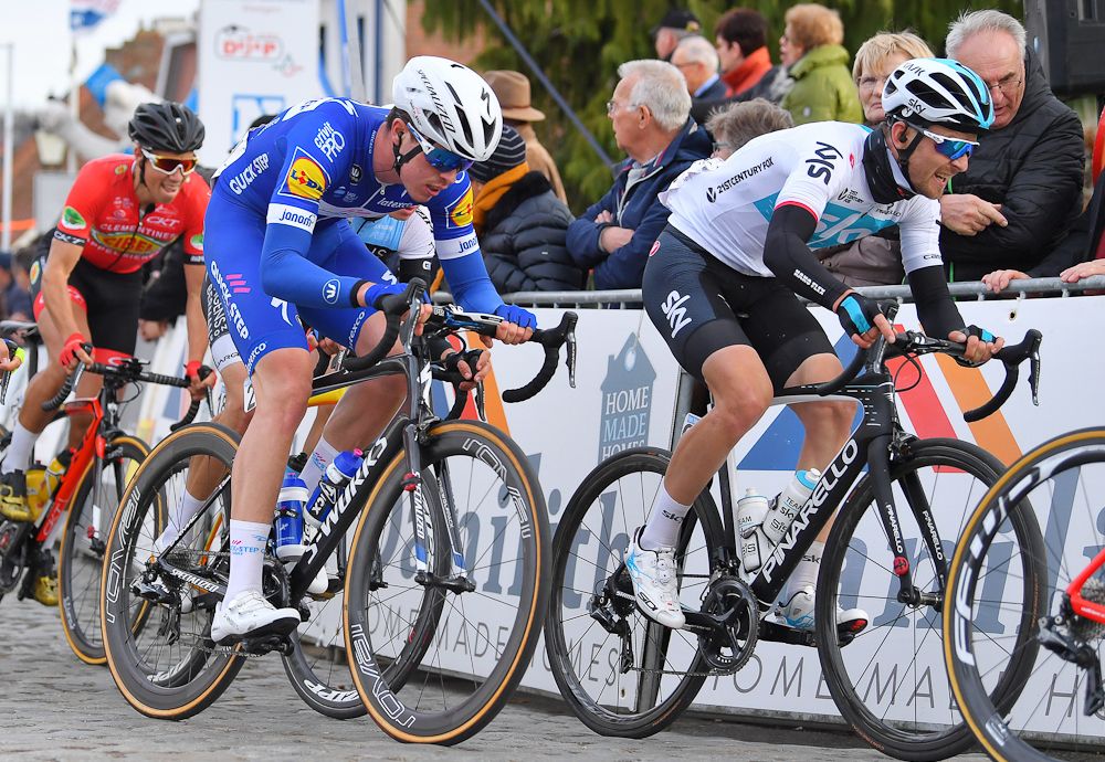 Remi Cavagna (Quick-Step Floors) and Luke Rowe (Team Sky) near the end of Nokere Koerse